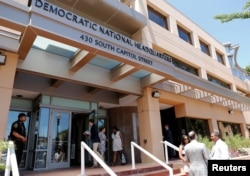 FILE - The headquarters of the Democratic National Committee is seen in Washington, June 14, 2016. Russian government hackers penetrated the DNC's computer network and gained access to confidential emails, chats and opposition research on Republican candidate Donald Trump, people familiar with the breach said.