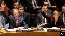 미국 뉴욕 유엔본부에서 열린 안보리 회의에서 북한에 대한 새로운 제재를 포함하는 대북 결의 2270호를 채택한 지난 3월, 사만다 파워 유엔 주재 미국대사(오른쪽)와 매튜 라이크로프트 영국 대사가 손을 들어 표결하고 있다.