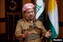 FILE - Iraq's Kurdistan region's President Massoud Barzani speaks during an interview with Reuters in Erbil, Iraq, July 6, 2017.