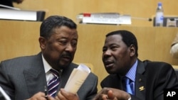 African Union Commission Chairman Jean Ping (L) and Benin's President Thomas Boni Yayi, newly elected African Union president, talk shortly after the closing ceremony of the 18th African Union (AU) summit in Ethiopia's capital Addis Ababa, January 31, 201