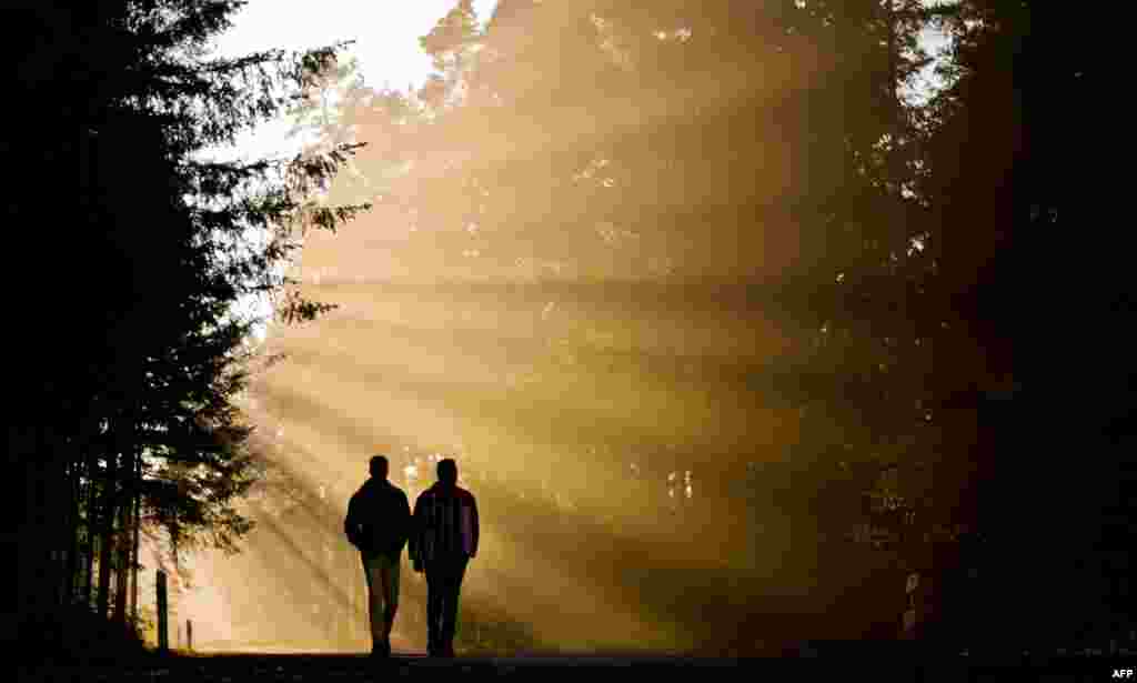 Two refugees from Africa walk on the grounds of former military barracks serving now as shelter for asylum seekers in Ehra-Lessien near Wolfsburg, central Germany, Nov. 3, 2015.