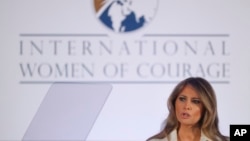 FILE - First lady Melania Trump speaks before presenting the 2017 Secretary's of State's International Women of Courage (IWOC) Awards, Wednesday, March 29, 2017, at the State Department in Washington. 