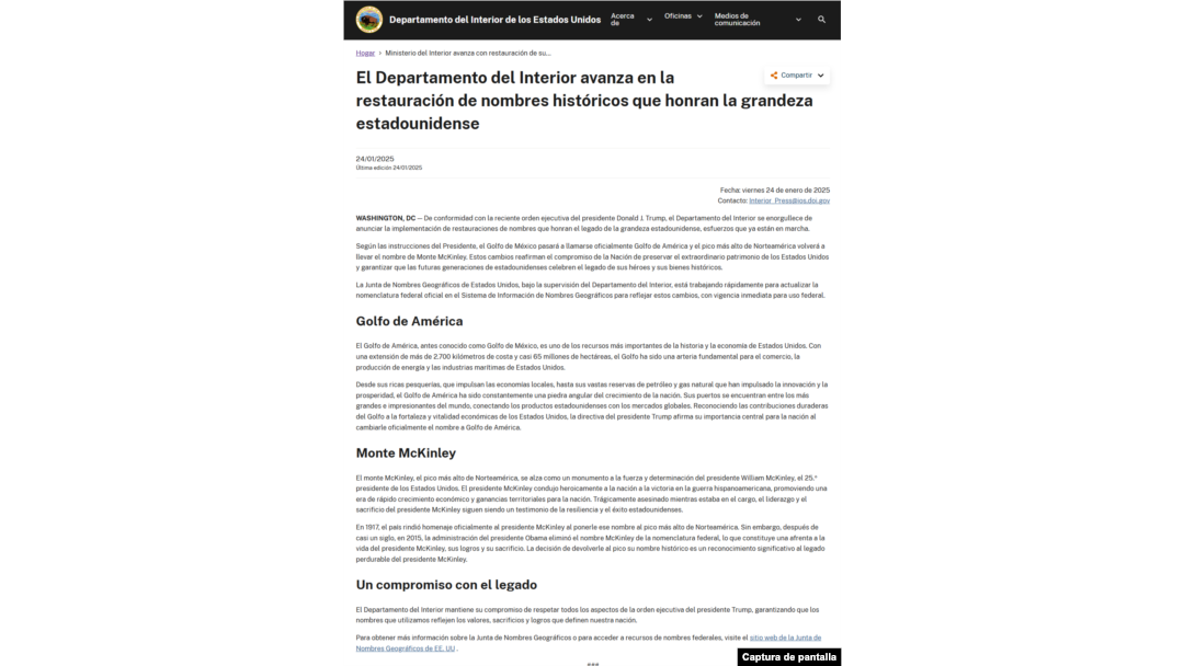 Captura de pantalla con traducción de Comunicado Departamento del Interior de EEUU sobre cambios en nombres.
