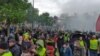 Protesters turn out for the 24th consecutive national weekly protest by the yellow vest movement in Strasbourg, France, April 27, 2019, in this still image taken from a video obtained from social media.