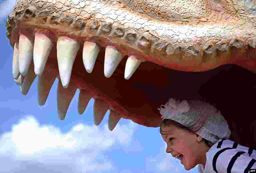 A girl plays inside dinosaur jaws during the opening of the Dinosaur Park in Minsk, Belarus.