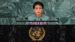 Menteri Luar Negeri Indonesia Retno Marsudi dalam pidato di sidang Majelis Umum PBB di New York, hari Senin (26/9).