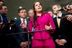 FILE - Elise Stefanik, R-N.Y., center, accompanied by from left, Rep. Mike Johnson, R-La., Rep. Mark Meadows, R-N.C., Rep. Lee Zeldin, R-N.Y. and Rep. Jim Jordan, R-Ohio, speaks to the media.