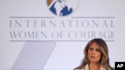 FILE - First lady Melania Trump speaks before presenting the 2017 Secretary's of State's International Women of Courage (IWOC) Awards, Wednesday, March 29, 2017, at the State Department in Washington. 