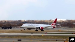  Virgin Atlantic's Flight100 Lands at JFK Airport in New York City from London Heathrow, Tuesday, Nov. 28, 2023 in New York. (Jason DeCrow/AP Images for Virgin Atlantic Airways Ltd)