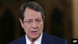 FILE - Cyprus President Nicos Anastasiades talks during a news conference at the Presidential Palace in Nicosia, Cyprus, May 22, 2017. 