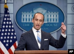 FILE - White House senior policy adviser Stephen Miller speaks during the daily briefing at the White House in Washington, Aug. 2, 2017.