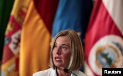 FILE - European Union High Representative for Foreign Affairs and Security Policy Federica Mogherini speaks during a news conference in San Jose, Costa Rica, May 7, 2019.