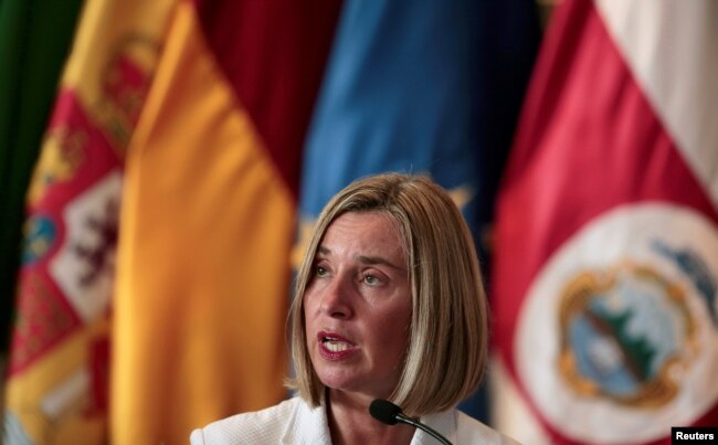 FILE - European Union High Representative for Foreign Affairs and Security Policy Federica Mogherini speaks during a news conference in San Jose, Costa Rica, May 7, 2019.