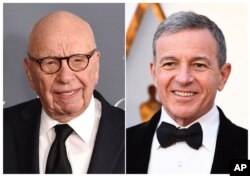 FILE - This combination photo shows Fox News chairman and CEO Rupert Murdoch at the WSJ Magazine 2017 Innovator Awards in New York, Nov. 1, 2017, left, and Disney CEO Bob Iger at the Oscars in Los Angeles, March 4, 2018.