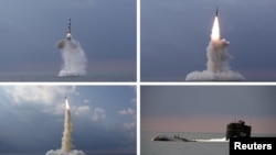 官方朝中社公布的组合照片显示朝鲜从潜艇发射一枚弹道导弹。(2021年10月19日)