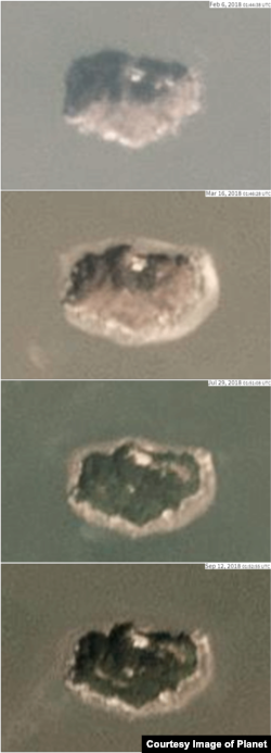 2018년 함박도의 변화 과정을 촬영한 위성사진. 위에서 아래로 2018년 2월과 3월, 7월, 12월에 촬영됐다. 사진제공=Planet Labs Inc.