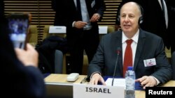Israeli Minister of Regional Cooperation Tzachi Hanegbi attends a session of the International Donor Group for Palestine at the EU Commission headquarters in Brussels, Jan. 31, 2018.
