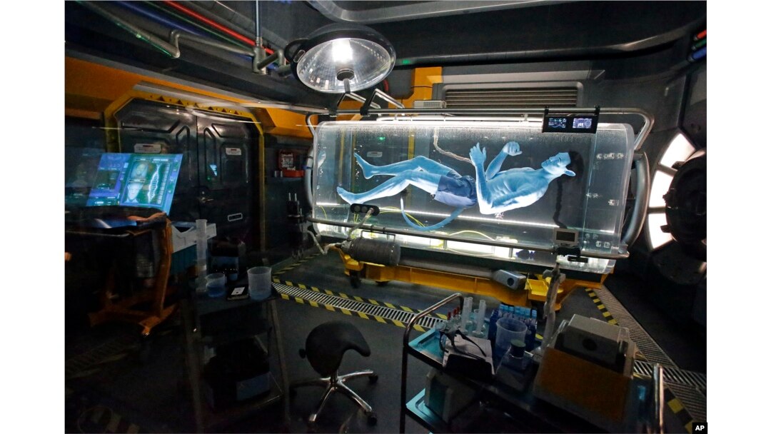 In this April 29, 2017 photo, park guests see a Na'vi in a science lab while in the queue for the Avatar Flight of Passage ride at Pandora-World of Avatar land attraction in Disney's Animal Kingdom theme park at Walt Disney World in Lake Buena Vista, Florida.