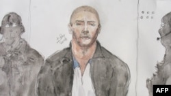 FILE - Court drawing shows Mehdi Nemmouche, the 29-year-old suspected gunman in a quadruple murder at the Brussels Jewish Museum, during a court hearing in Versailles, France, June 26, 2014.