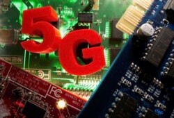 3d printed objects representing 5G are put on a motherboard in this picture illustration taken April 24, 2020. (REUTERS/Dado Ruvic /Illustration)
