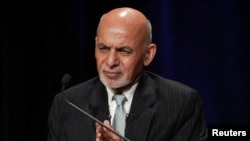 FILE - Afghanistan's President Ashraf Ghani speaks at a panel discussion at Asia Society in Manhattan, New York, Sept. 20, 2017.