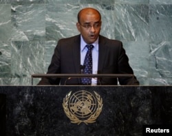 FILE - Bharrat Jagdeo, who was then the president of Guyana, addresses the 66th U.N. General Assembly at the U.N. headquarters in New York, Sept. 21, 2011.