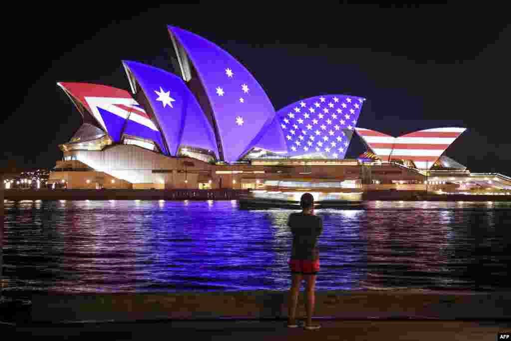 The flags of the U.S. and Australia are projected onto the sails of the Opera House to commemorate the 70th anniversary of the alliance between Australia, New Zealand and the U.S. known as the ANZUS Treaty in Sydney.