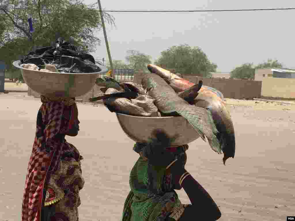 Des femmes font le tour de la ville pour vendre du poisson, un produit populaire dans la région, Bol, Tchad, 1er avril 2016, Photo VOA Bagassi Koura