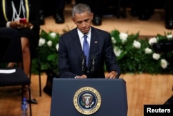 U.S. President Barack Obama speaks during a memorial service following the multiple police shootings in Dallas, Texas, July 12, 2016.