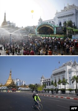 ဧၿပီ ၁၃၊ ၂၀၁၄ သၾကၤန္ျမင္ကြင္း (အေပၚ) နဲ႔ ဧၿပီ ၁၂၊ ၂၀၂၀ သၾကၤန္ျမင္ကြင္း (ေအာက္)