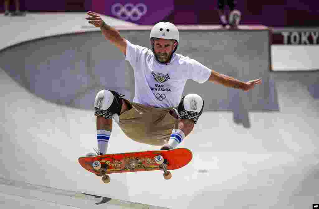 Dallas Oberholzer, 46, from South Africa, takes part in a men&#39;s park skateboarding training session at the 2020 Summer Olympics, Saturday, July 31, 2021, in Tokyo, Japan. The age-range of competitors in skateboarding&#39;s Olympic debut at the Tokyo Games is remarkably broad and Oberholzer will go wheel-to-wheel with skaters less than half his age. (AP Photo/Ben Curtis)