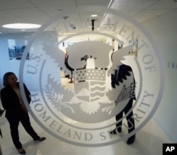 The Department of Homeland Security logo is seen at one of its annex facilities in Fairfax, Virginia