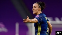 Lucy Bronze lors d'un match contre le Bayern Munich, Espagne, le 22 août 2020. (Photo by Alvaro BARRIENTOS / POOL / AFP)