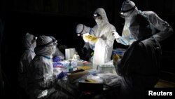 Researchers from the Institut Pasteur du Cambodge prepare to collect samples from the bats captured at Chhngauk Hill in Thala Borivat District, Steung Treng Province, Cambodia, on August 30, 2021. REUTERS/Cindy Liu