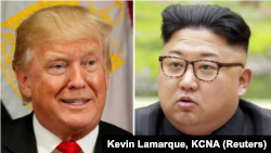 En las ilustraciones, el presidente de EEUU Donald Trump, a la izquierda, en Nueva York, 21 de septiembre de 2017, y el presidente norcoreano Kim Jong Un, en una imagen cedida por la agencia pública de noticias norcoreana KCNA en Pyongyang, 4 de septiembr