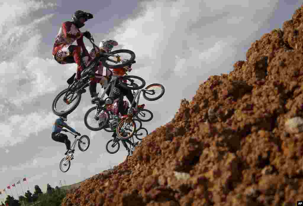 Athletes compete during the BMX motos men&#39;s competition at the 2015 European Games in Baku, Azerbaijan.