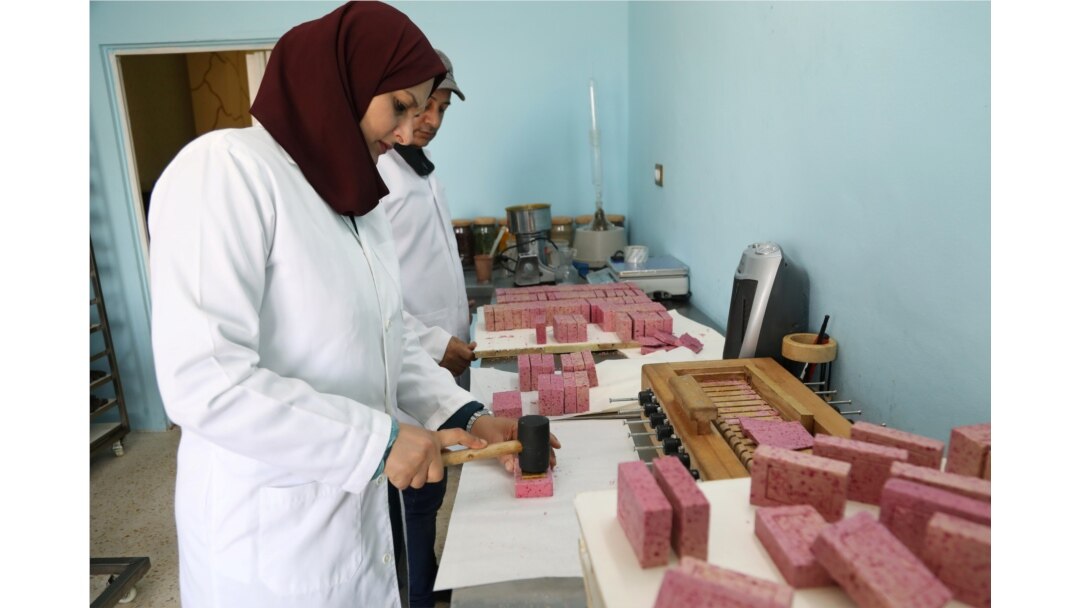 Lara al-Titi, pemilik bengkel kerja yang memproduksi sabun susu unta, bekerja di sabun batangan di Irbid, Yordania 14 Juni 2021. (REUTERS/Alaa Al Sukhni)