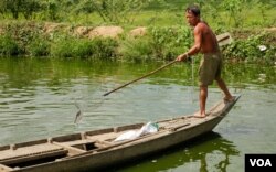 អ្នក​ធ្វើការ​ក្នុង​កសិដ្ឋាន​ចិញ្ចឹម​ត្រី​ ស្រុកពាមរក៍​ ខេត្តព្រៃវែង កាល​ពី​ថ្ងៃទី​២២​ ខែ​កក្កដា​ ឆ្នាំ២០២០។ (អូន ឆេងប៉រ/វីអូអេ)