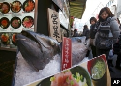 FILE - Visitors look at the heads of bluefin tuna on display in front of a store at Tsukiji fish market in Tokyo, Feb. 19, 2018. The largest bluefin are particularly valuable in Japan, where they are considered a premium sushi and sashimi fish.