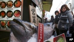 FILE - Visitors look at the heads of bluefin tuna on display in front of a store at Tsukiji fish market in Tokyo, Feb. 19, 2018.