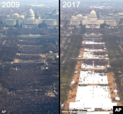 An AP photo of the Barack Obama's inauguration in 2009 and a screen grab from the White House YouTube livestream of Donald Trump's 2017 inauguration appear to show a large difference in the number of inaugural attendees.