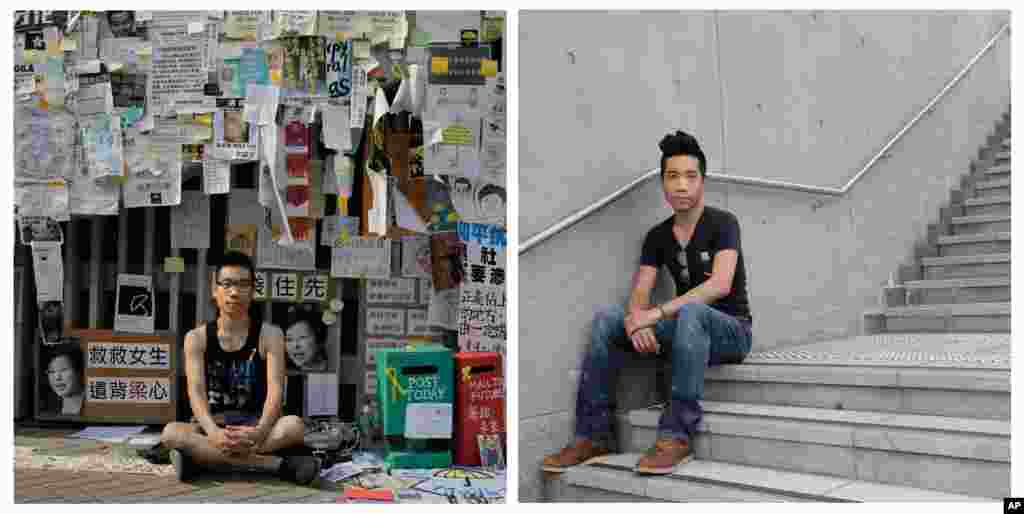 This combination of photos shows Summer Tsang, 24, a student, (l) in front of a wall with anti-government slogans in an occupied area outside government headquarters in Hong Kong on Oct. 22, 2014, and (r) now Tsang, a property salesman, posing for a portrait outside government headquarters almost one year later on Sept. 28, 2015.
