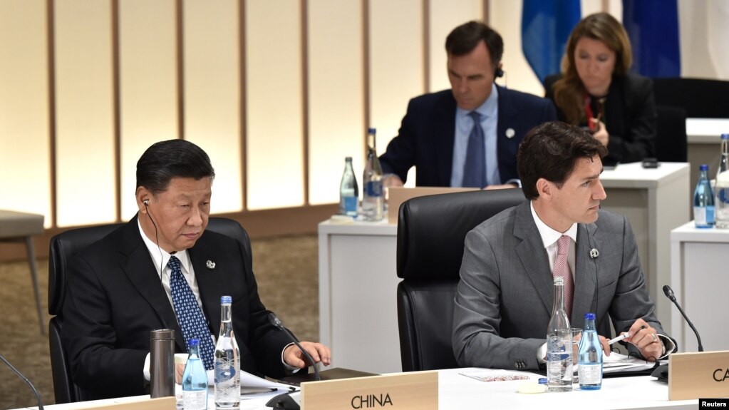 资料照：中国领导人习近平与加拿大总理特鲁多在日本大阪举行的G20峰会上。（2019年6月29日）(photo:VOA)