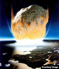 An artist’s interpretation is shown of the asteroid impact that scientists believe caused the extinction of the dinosaurs. (Credit: NASA/Don Davis)