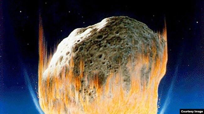 An artist’s interpretation is shown of the asteroid impact that scientists believe caused the extinction of the dinosaurs. (Credit: NASA/Don Davis)