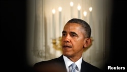 U.S. President Barack Obama makes remarks about the Passover Eve killings of three people at two Jewish community centers in the Kansas City area, during an Easter prayer breakfast in the East Room of the White House in Washington, April 14, 2014. 