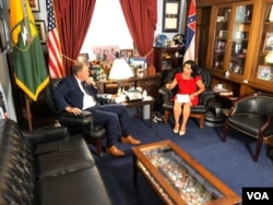 Rep. Trent Kelly (R-Mississippi) talks to VOA's Navbahor Imamova, in his Longworth House Building office, Capitol Hill, Sept 26, 2019