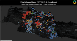 Data Pusat Informasi dan Komunikasi Covid-19 Jabar menunjukkan kasus positif (merah) terkonsentrasi di Bogor, Depok, Bekasi (Bodebek) dan Bandung Raya. Sementara kabupaten/kota lainnya diprediksi masuk kategori moderat (courtesy: Pikobar).
