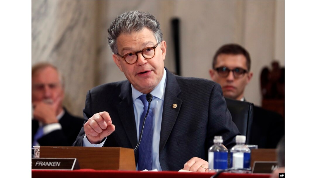 FILE - Senate Judiciary Committee member Senator Al Franken, D-Minn. questions Attorney General-designate, Senator Jeff Sessions, R-Ala., on Capitol Hill in Washington, Jan. 10, 2017, during the committee's confirmation hearing for Sessions.