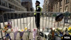 A memorial site along the course of the Boston Marathon, a few blocks from where two explosions struck near the finish line.